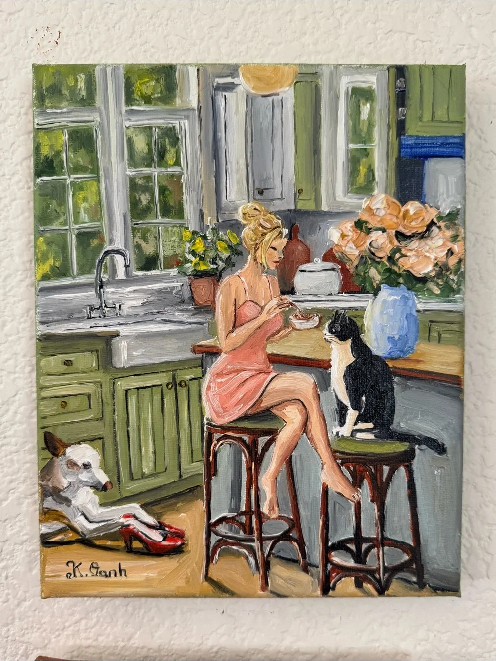 Original oil painting woman & her pet dog tuxedo cat indoor scene signed 8x10 in